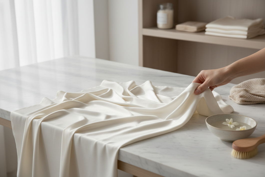 Close-up silk fabric showing sheen and texture under gentle light, with a subtle visual cue about cautious laundry care