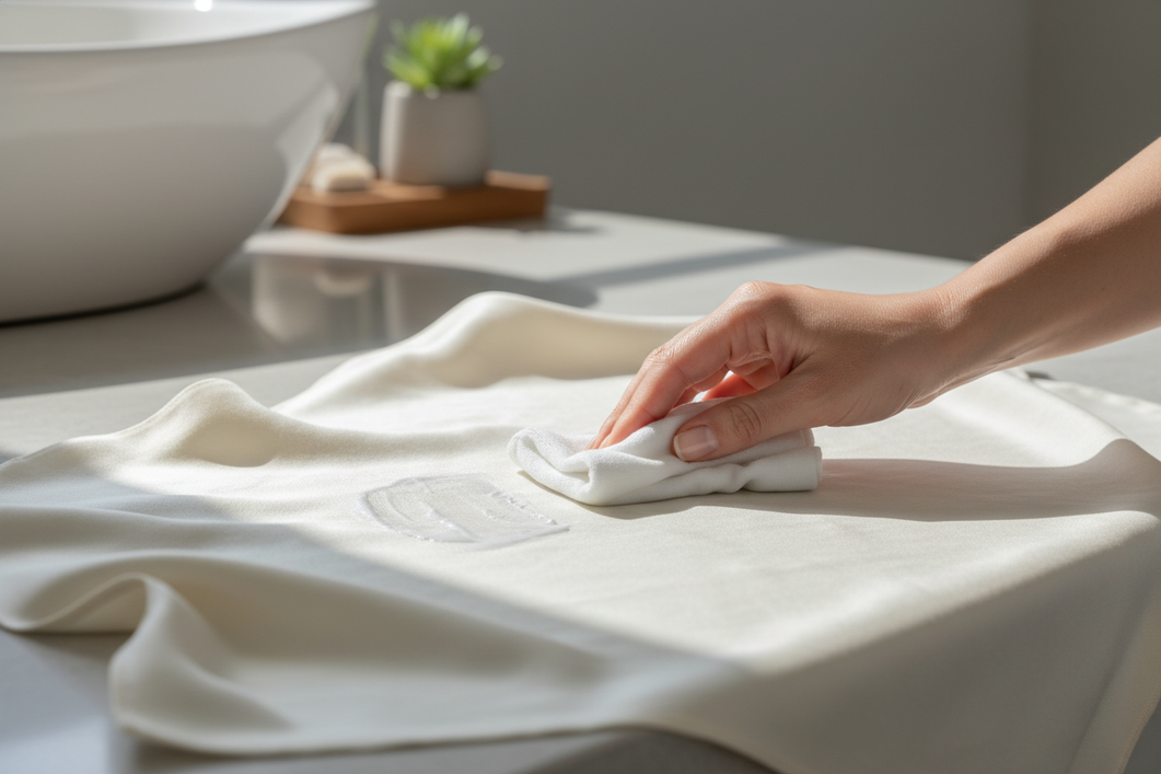 Silk fabric with faint mineral sunscreen residue being gently blotted by hand