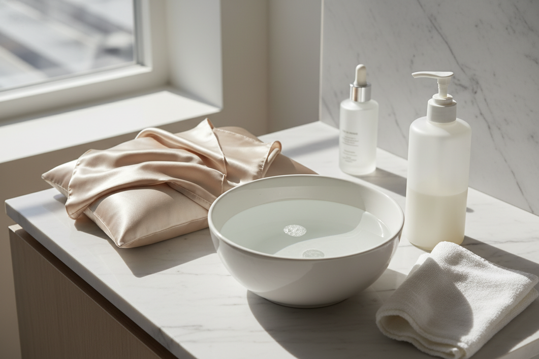 Silk pillowcase care setup with gentle washing tools and skincare products kept away from the fabric