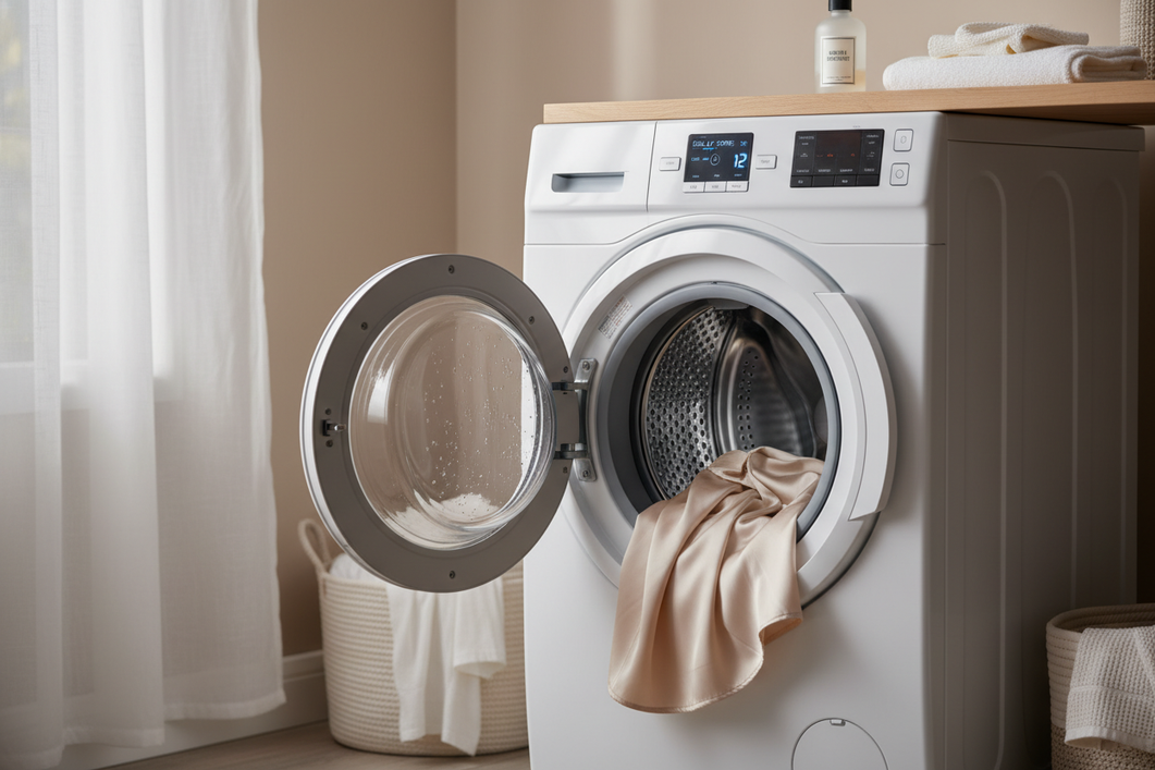 Silk garment waiting in a washer before a delay-start cycle begins