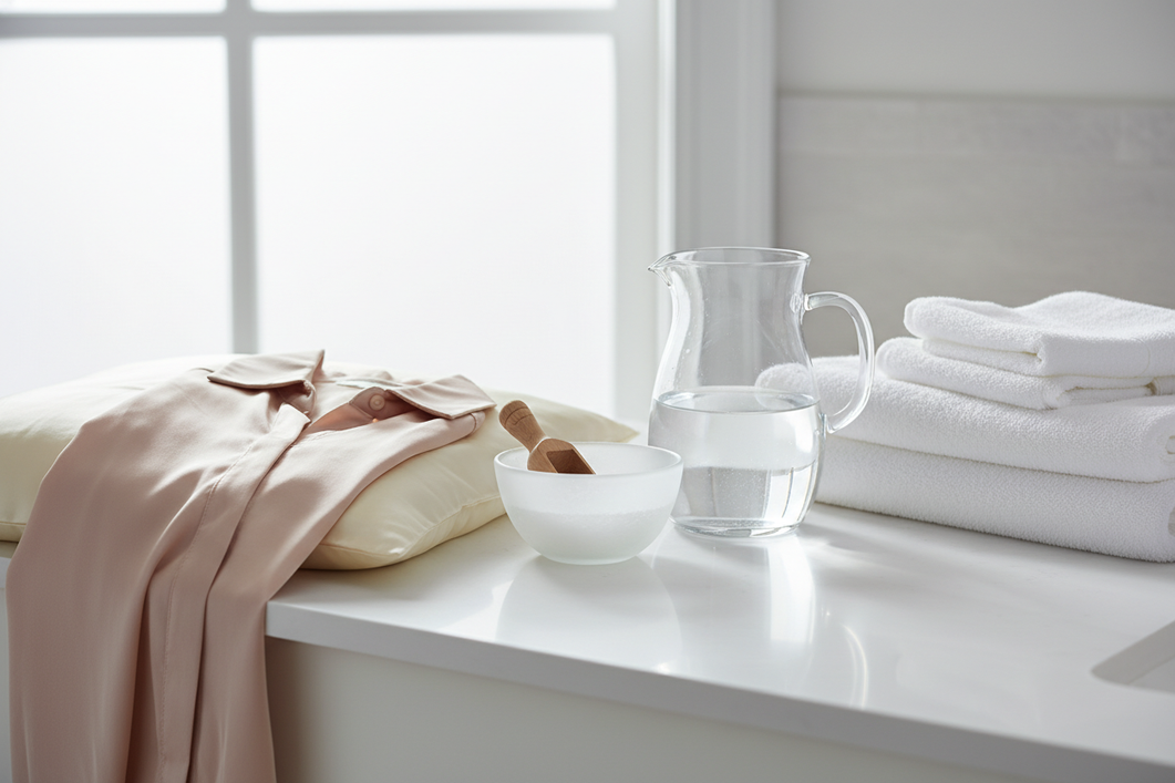 Silk garment care setup for a boil-water advisory, with a basin, towel, gentle detergent, and cooled water.