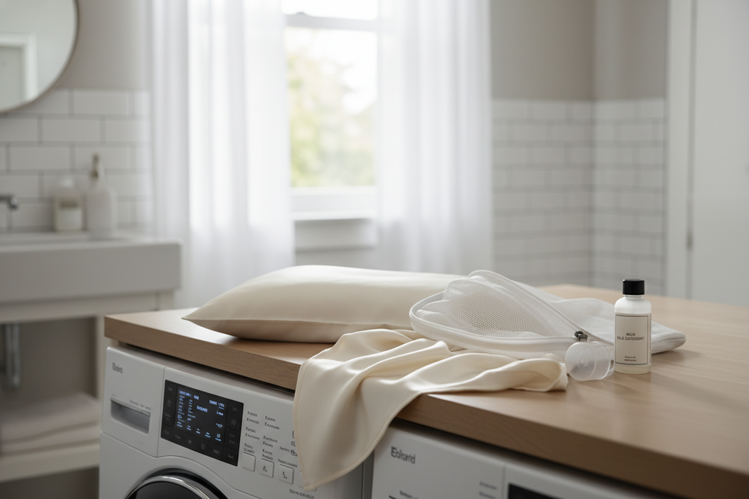 Silk fabric beside a modern washing machine with a gentle laundry setup and mesh wash bag