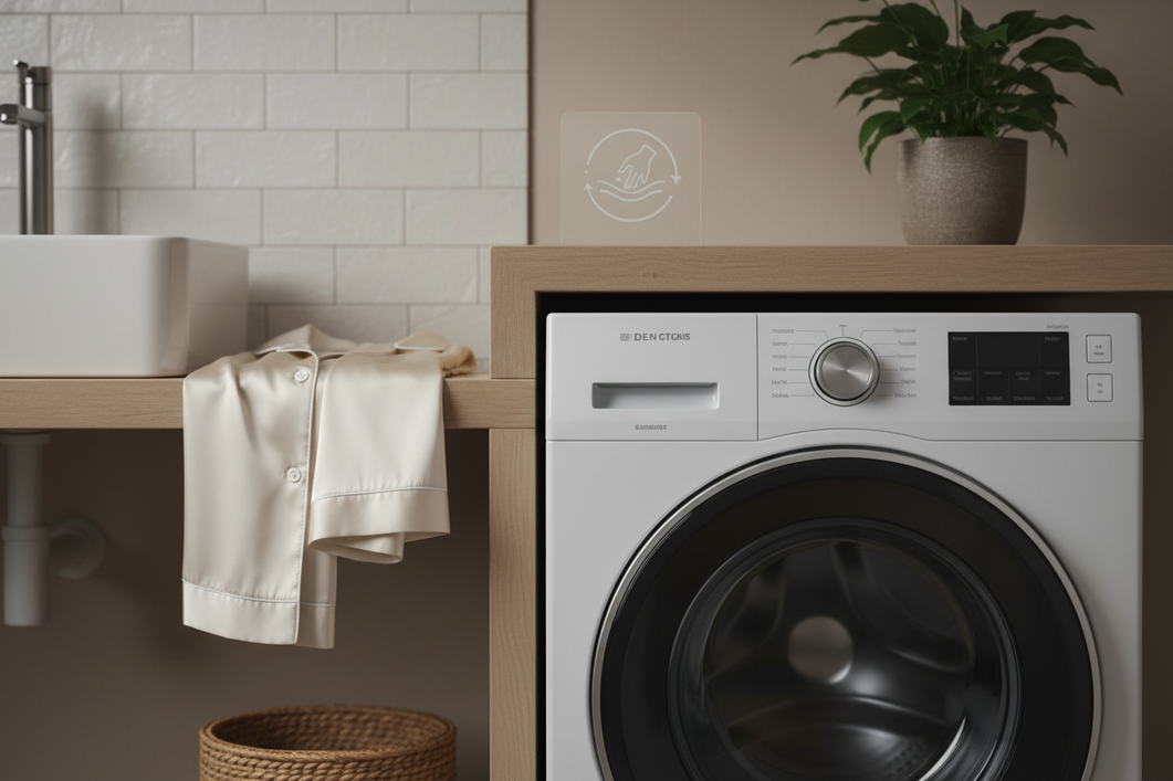 Silk pajamas and a washing machine setting, illustrating caution after bleach residue