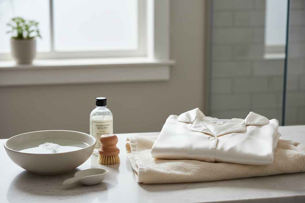 Silk pajama care setup with a basin, mild detergent, towel, and folded silk sleepwear