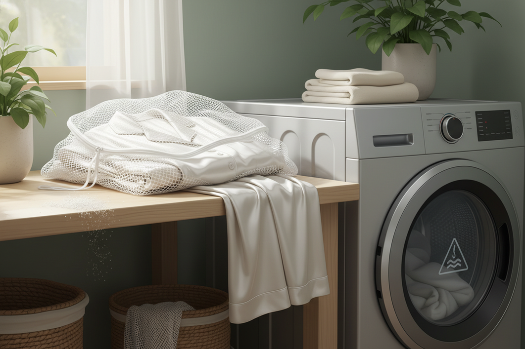Silk pajamas in a mesh laundry bag near a washer-dryer with lint risk emphasized