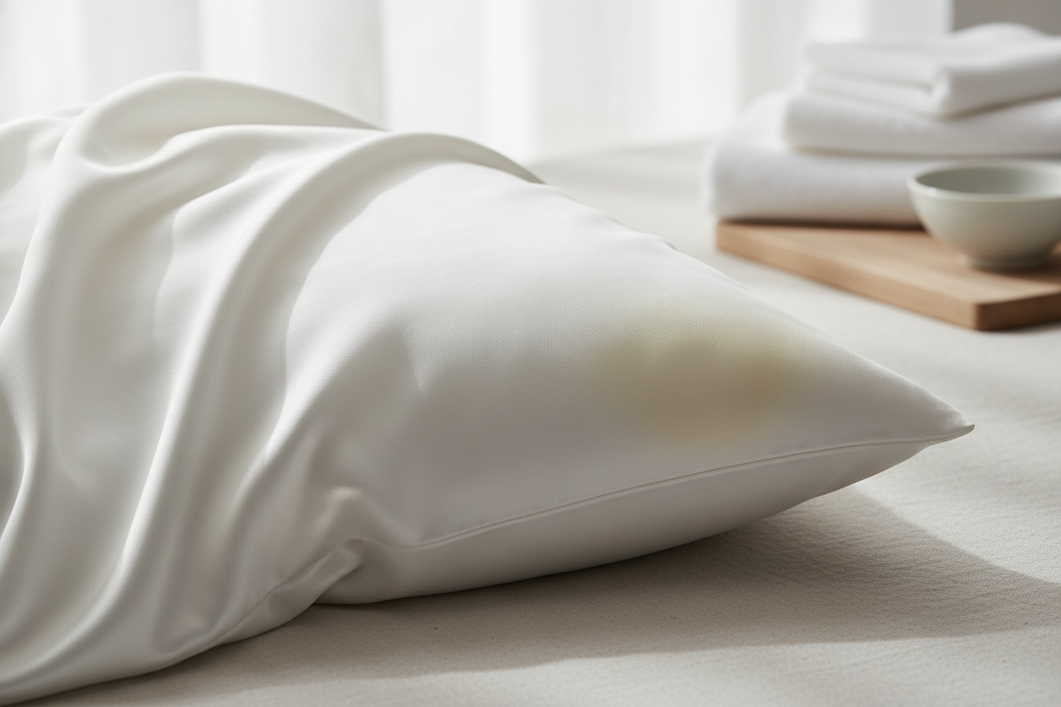 White silk fabric with a faint yellow tint and soft folds, presented as a clean editorial care image