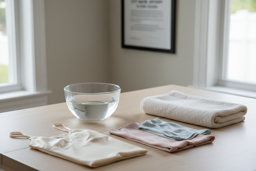 Silk laundry setup with distilled water, a bowl, and a towel in soft daylight, with a subtle water advisory notice in the background.