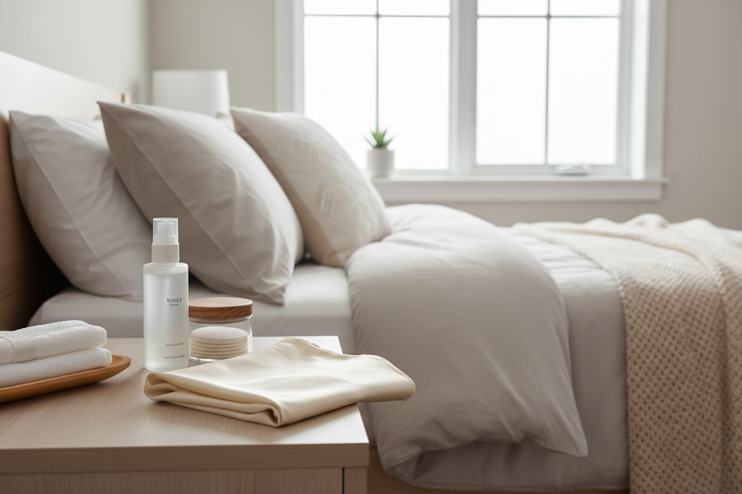Silk pillowcase next to skincare bottles, showing a gentle cleaning scenario after glycolic acid transfer