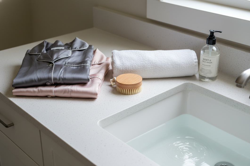 A calm home laundry scene showing folded silk pajamas beside a wash basin after a sweaty night, with soft natural light and a gentle care setup.