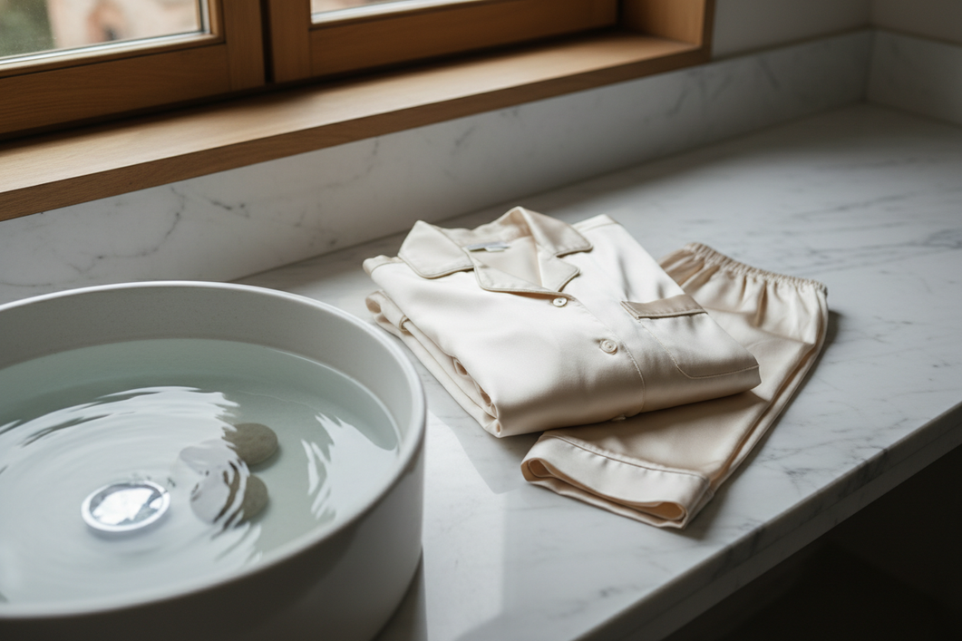 Silk pajamas with a cloudy film after washing, shown beside a gentle rinse setup in cool water.