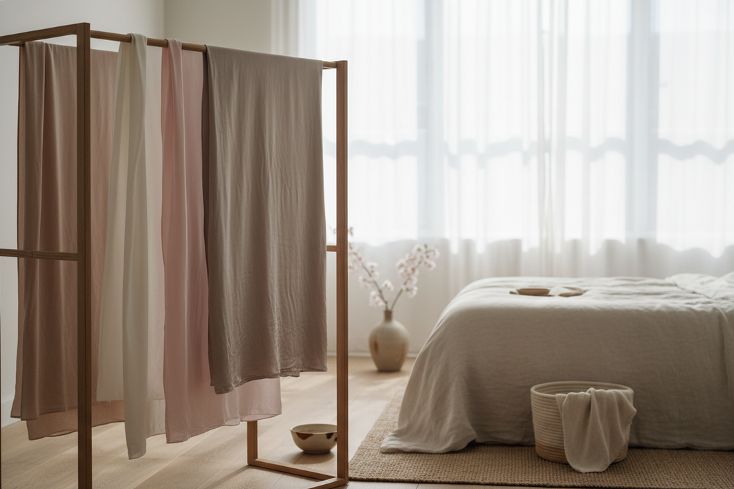 Silk fabric hanging to dry after washing with a gentle care routine