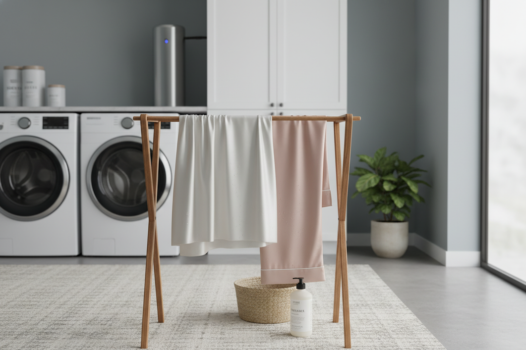 Silk bedding drying gently in a modern laundry room with a whole-house UV water system in the background