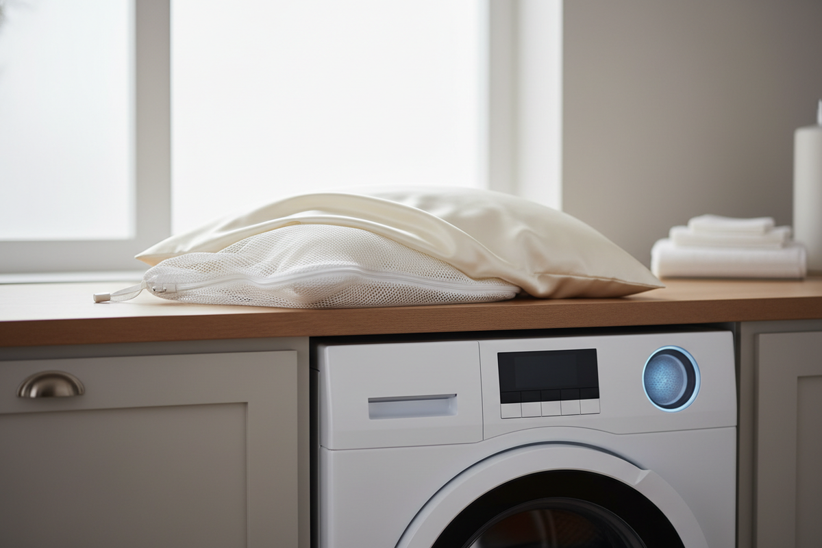 Silk pillowcase in a mesh laundry bag beside a modern washing machine, suggesting gentle care with a filtered washer.