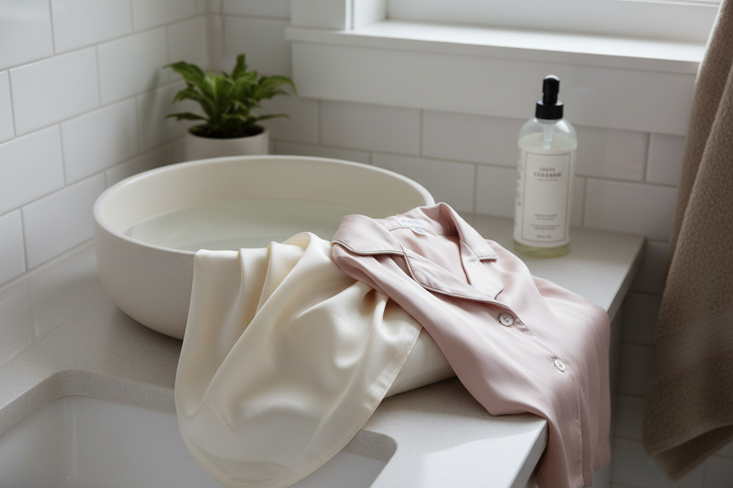 A silk pillowcase and silk sleepwear care setup beside a laundry basin, suggesting gentle washing and odor troubleshooting.