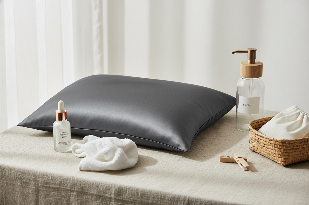 A silk pillowcase next to gentle skincare and laundry care items, illustrating how to remove bakuchiol oil transfer safely.