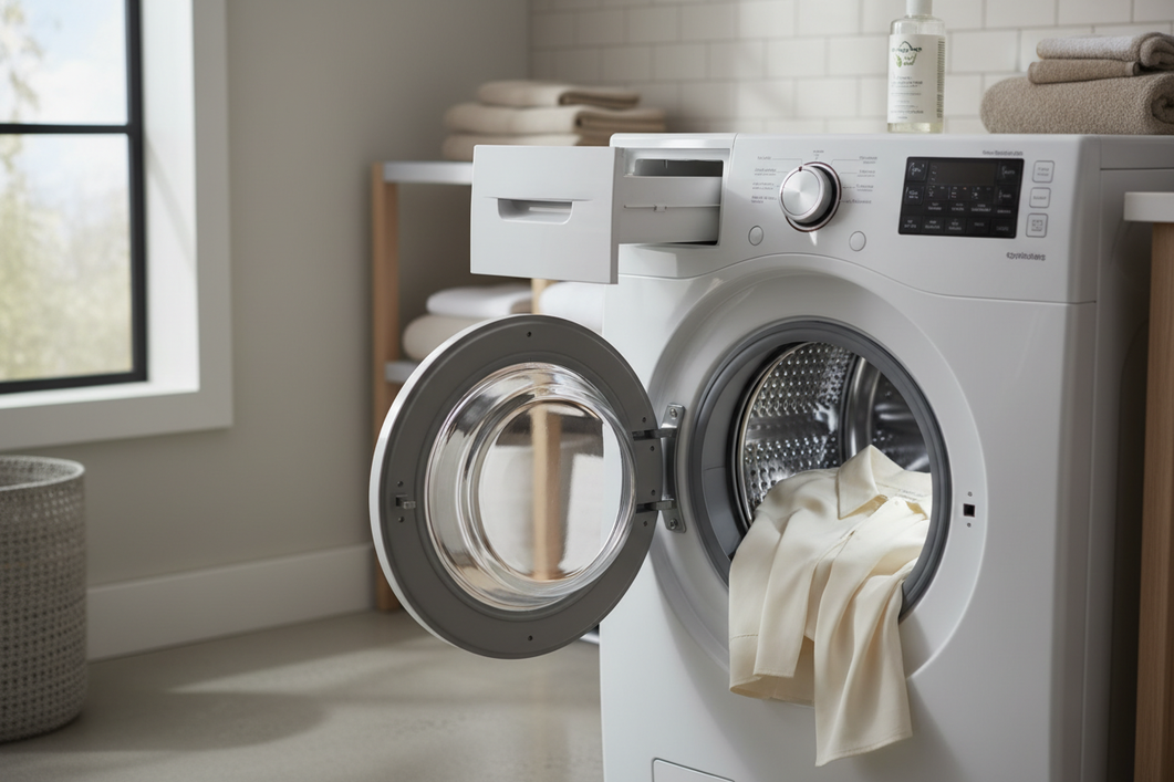 Silk garment in a smart washing machine with a detergent drawer and gentle cycle controls