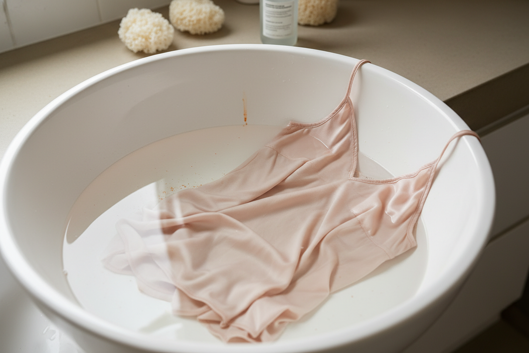 A silk garment in a wash basin with a subtle mineral residue warning.