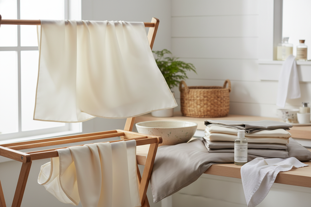 Silk pillowcase hanging to dry beside folded silk bedding and a gentle wash setup