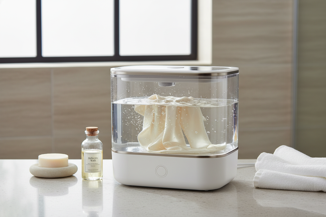 Silk fabric being gently cleaned in a compact portable ultrasonic washer in a calm, editorial bathroom scene