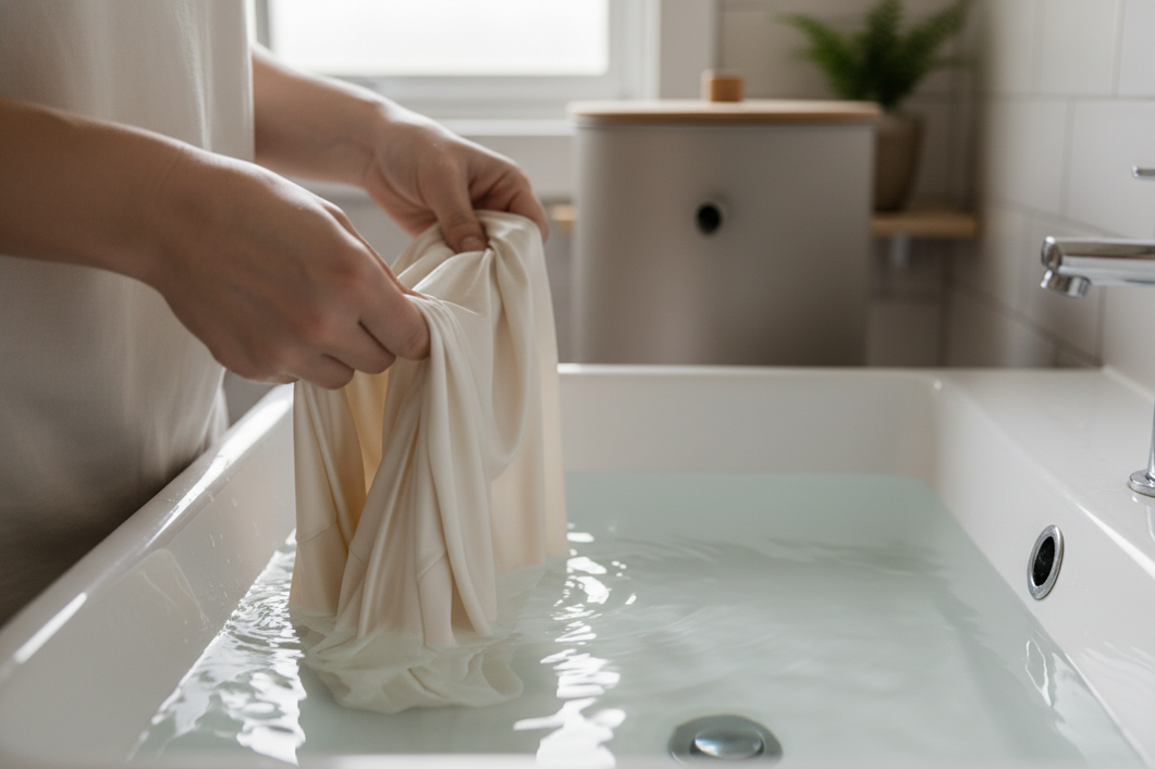 Silk fabric being gently washed with clear rainwater in a clean basin after sediment settling