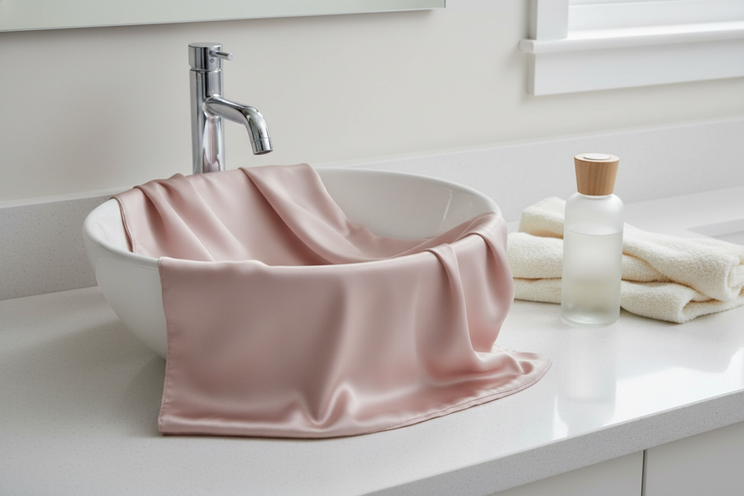 Silk pillowcase and gentle skincare wash setup for overnight collagen residue care