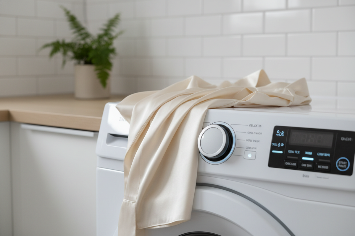 AI-generated cover image of silk fabric next to a modern washing machine with gentle laundry settings