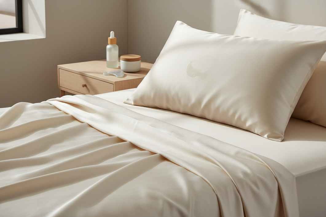 Silk pillowcase with a fresh skincare residue mark beside gentle nighttime skincare items