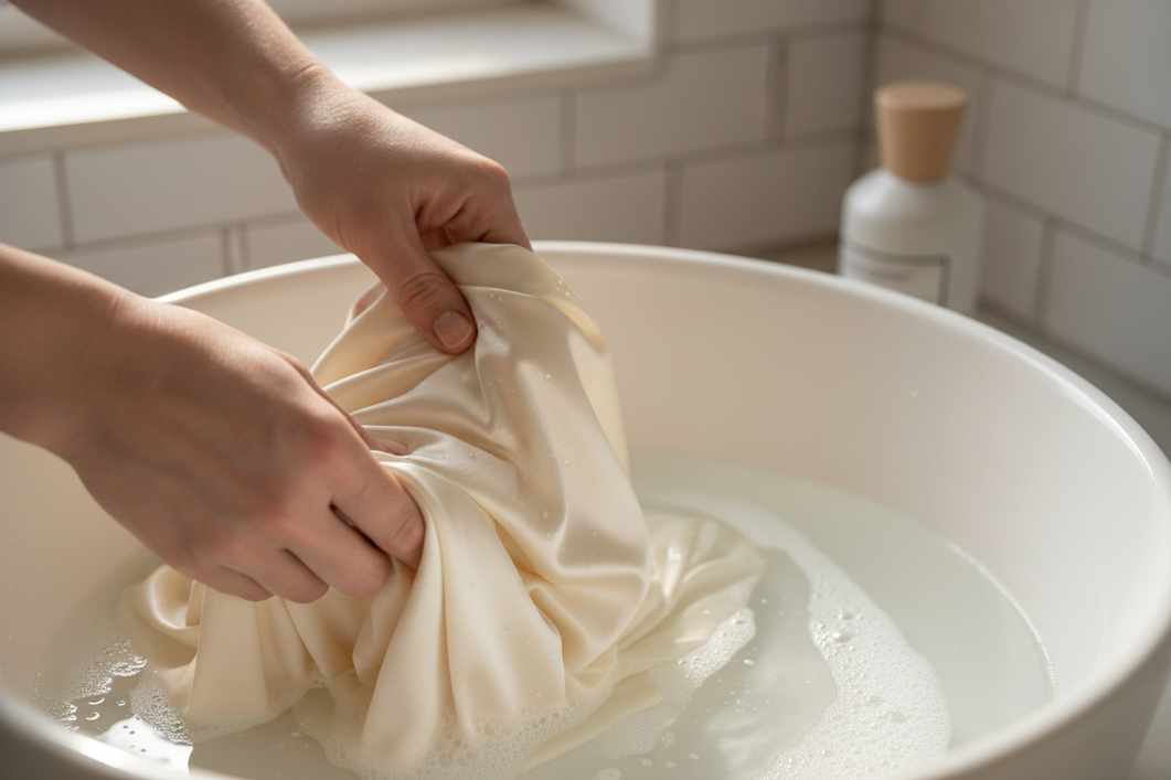 A silk pillowcase being gently hand-washed in cool water to remove sticky serum residue