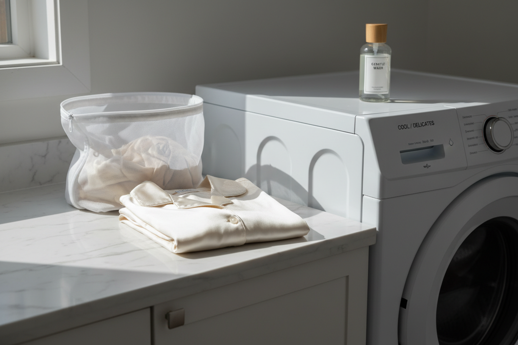 Silk garment beside a mesh laundry bag and front-load washer, showing a careful cool-water laundry setup