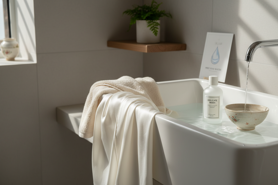 Silk sleepwear beside a clean wash basin, styled to suggest careful home laundering during a water-quality problem season.