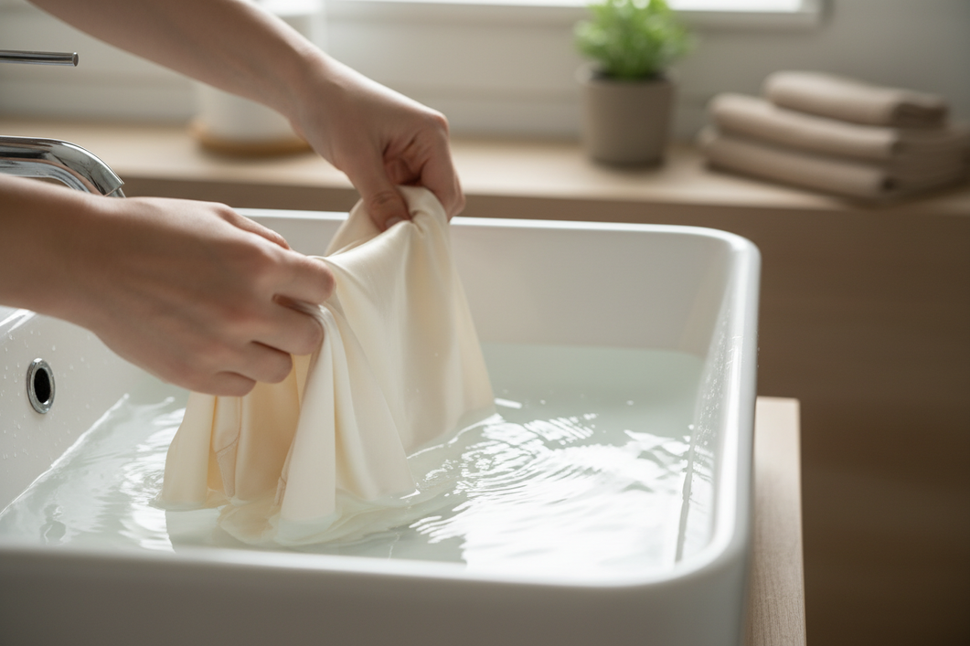 Silk pillowcase gently rinsed in a sink with soft daylight.