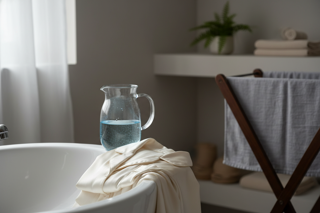 Folded silk pajamas near a gentle wash basin and air-drying rack in a bright laundry room