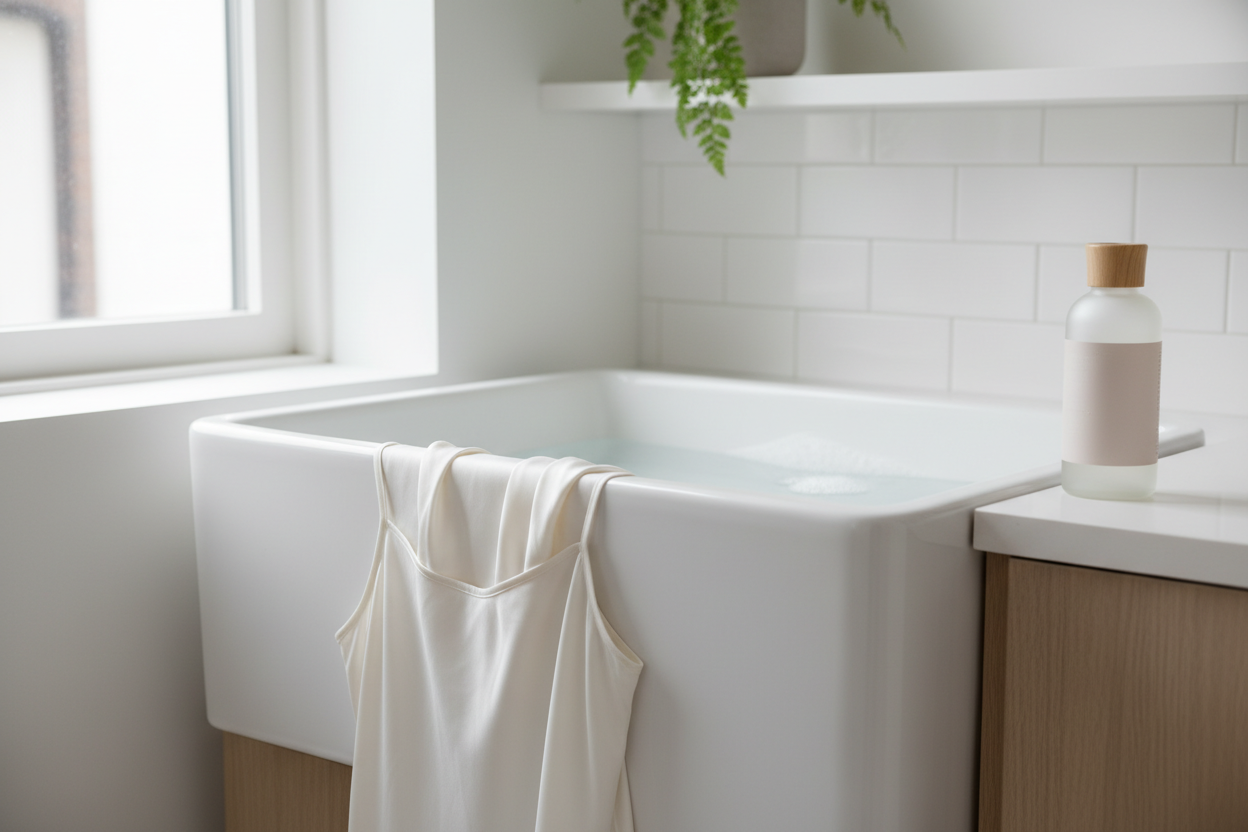 A silk garment beside a gentle wash basin in a clean home laundry setting
