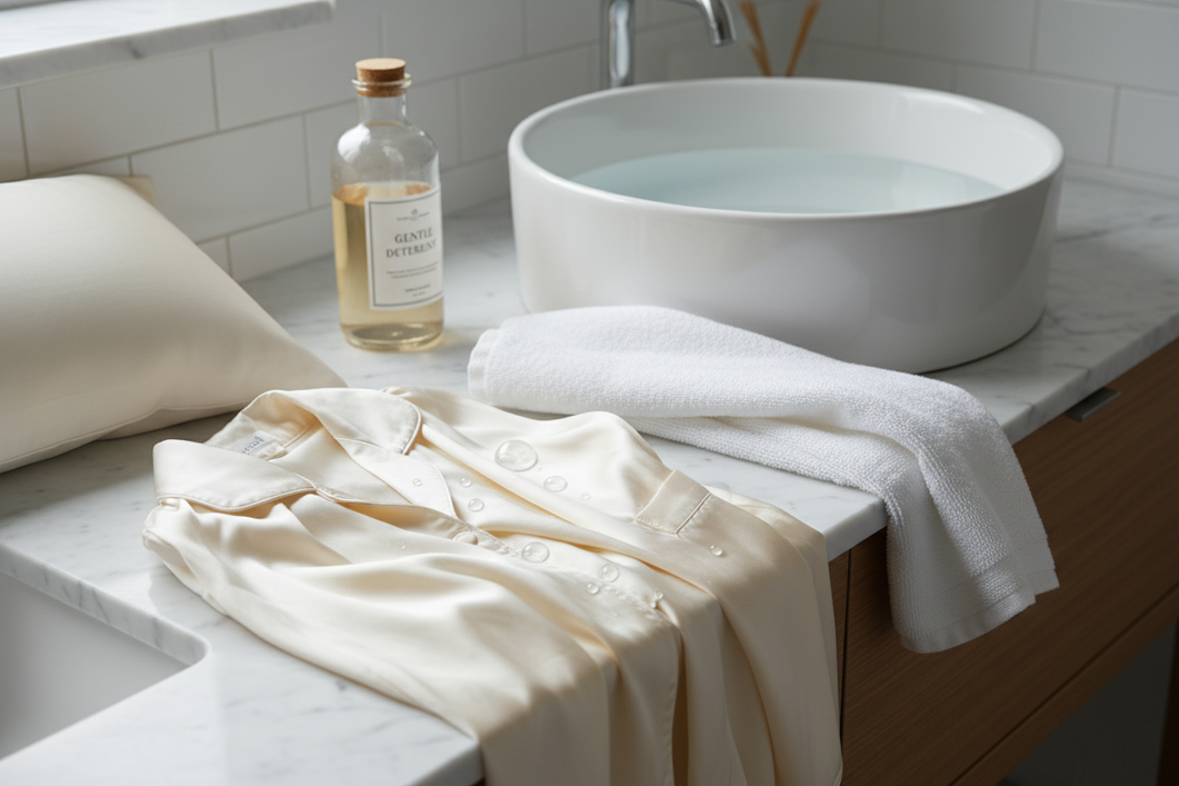Silk sleepwear being gently rinsed in cool water after salicylic acid exposure