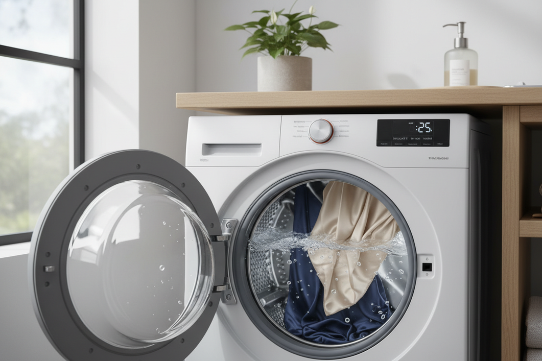 Silk garment being washed gently in a modern washing machine