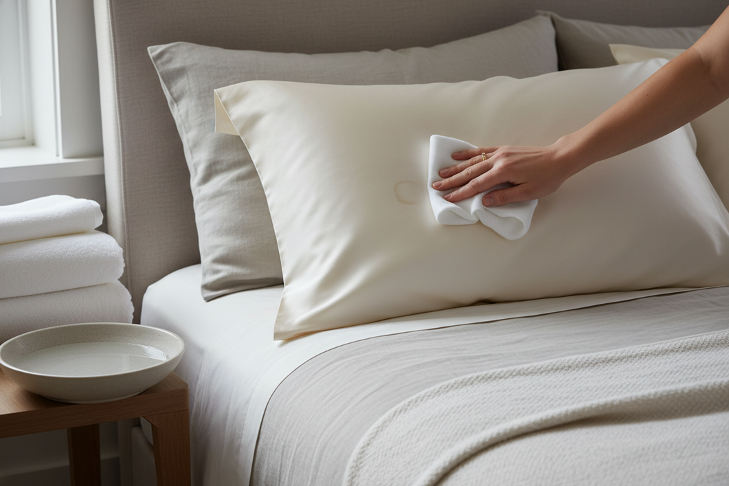 Elegant editorial scene showing gentle blotting of a silk pillowcase after overnight slugging, with a cool-water basin and towel nearby.