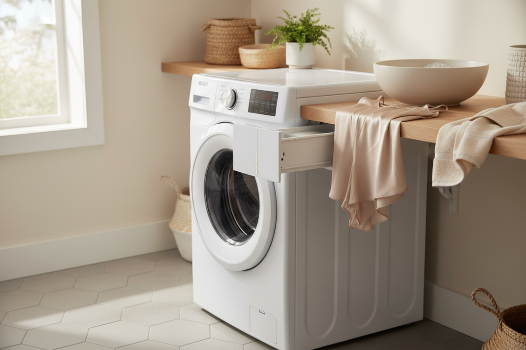 A silk sleepwear setup beside a laundry basin and a washing machine drawer that may leak fabric softener