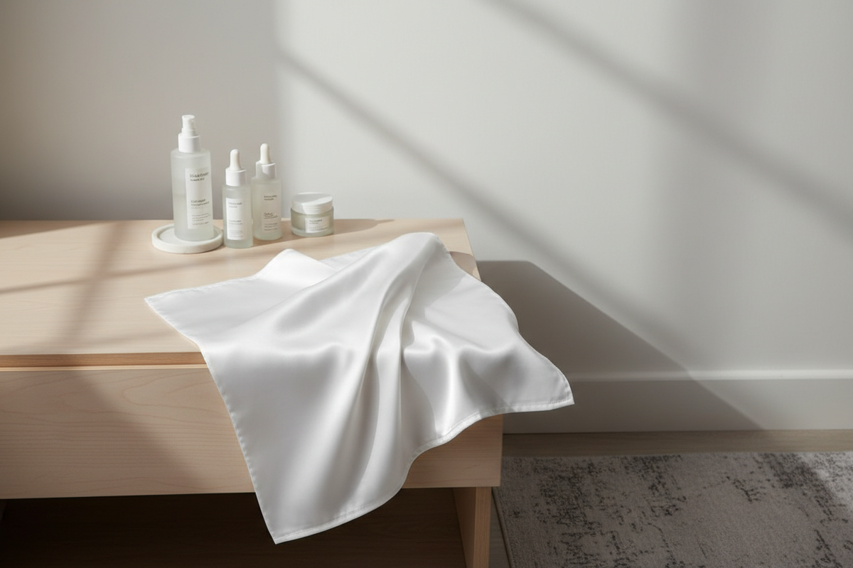 A silk pillowcase beside skincare bottles, showing a gentle laundry and stain-care setup for residue cleanup.