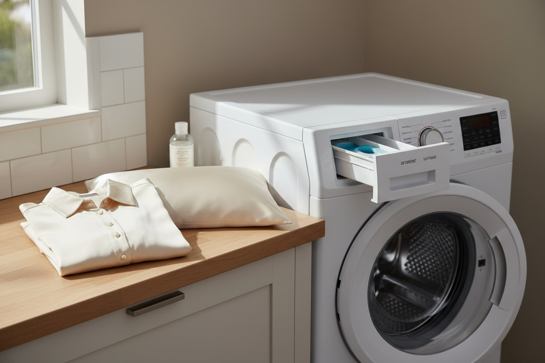 Silk garment being prepared for a delicate machine wash next to a modern washer with an auto-dispense detergent drawer