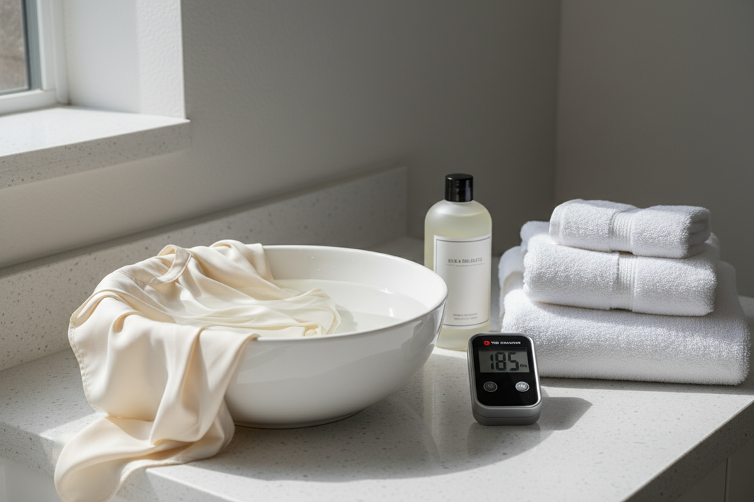 Silk garment care setup beside a bowl of water, detergent, and a small TDS meter for hard-water washing