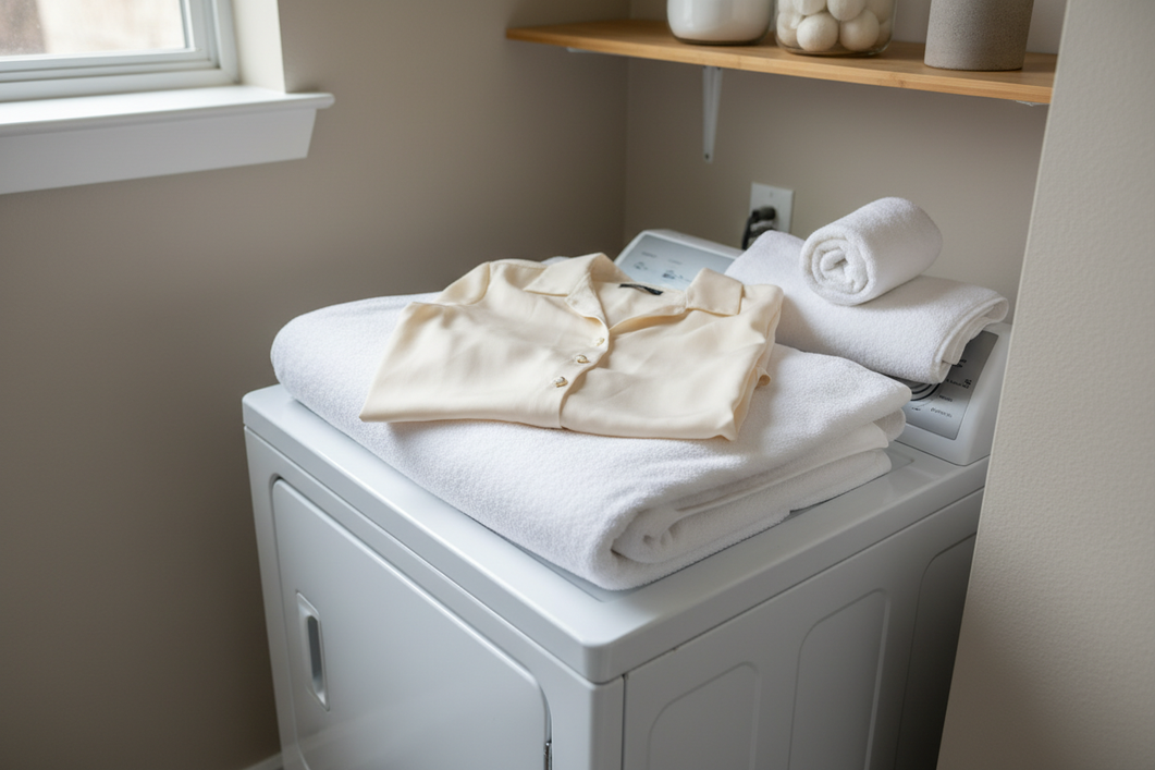 A silk garment being handled carefully beside a combo washer-dryer in a small apartment laundry space