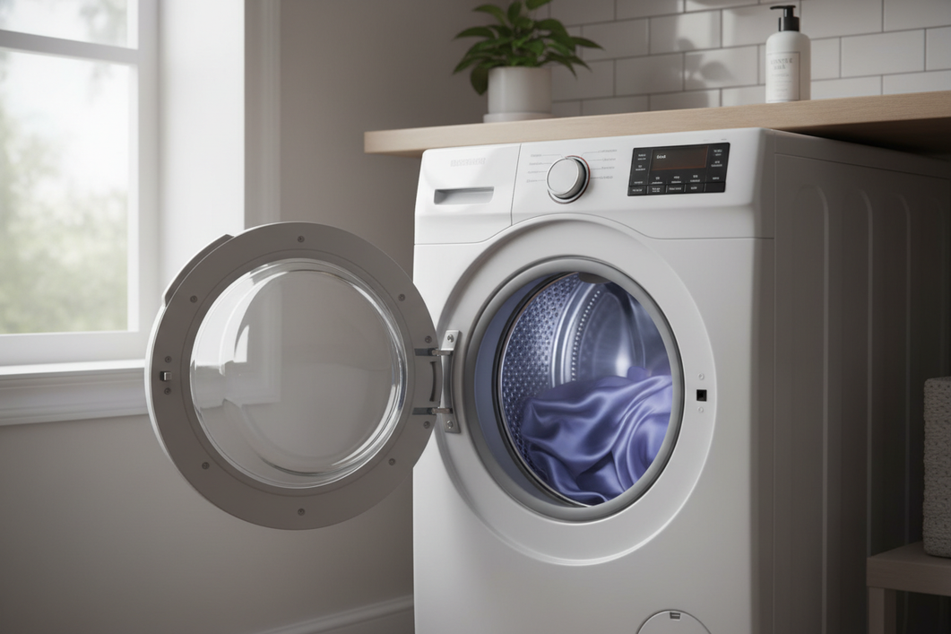Silk garment in a front-load washer on a cold ozone cycle in a clean laundry room