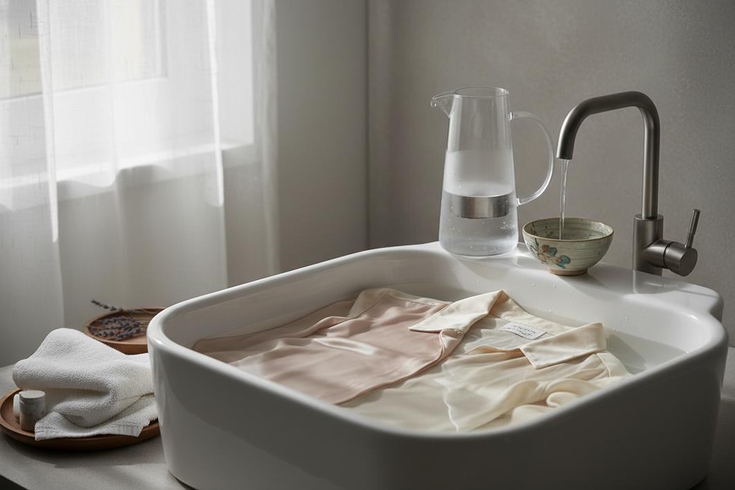 Silk laundry scene with filtered water care cues and a premium home-care look
