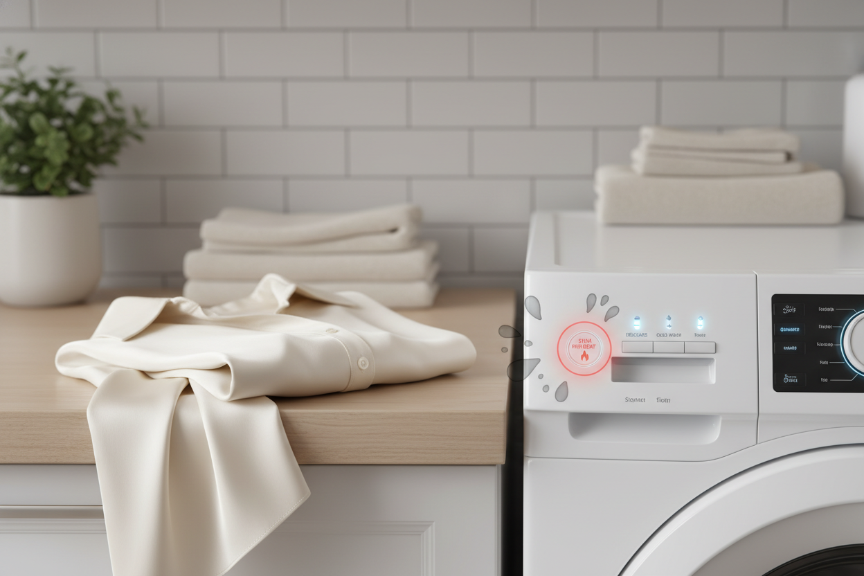 A delicate silk garment beside a washing machine control panel and a cautionary care label scene