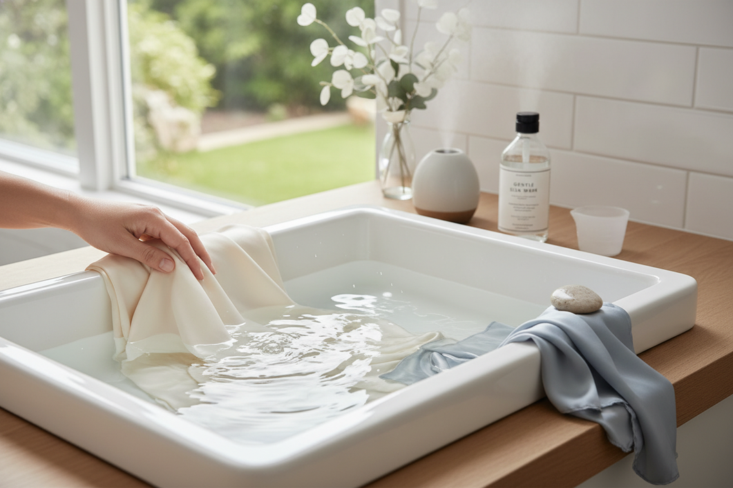 Silk fabric being gently washed in softened water, with subtle cues for residue, sheen, and careful rinsing.