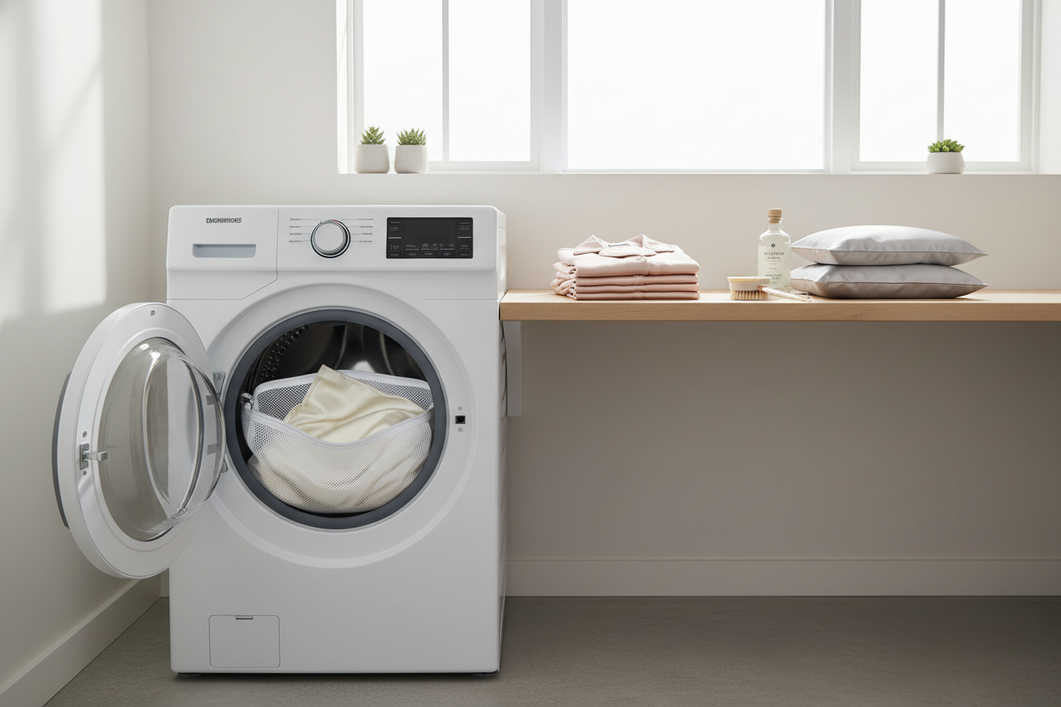 Silk laundry setup with a clean washer, mesh bag, and folded silk garment