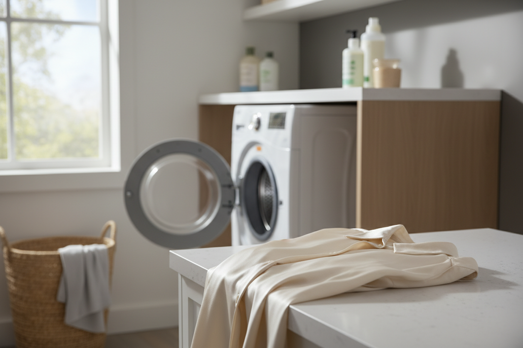 Silk garment laid out in a clean laundry area beside an open front-loading washer, with the drum and door gasket visible in the background.