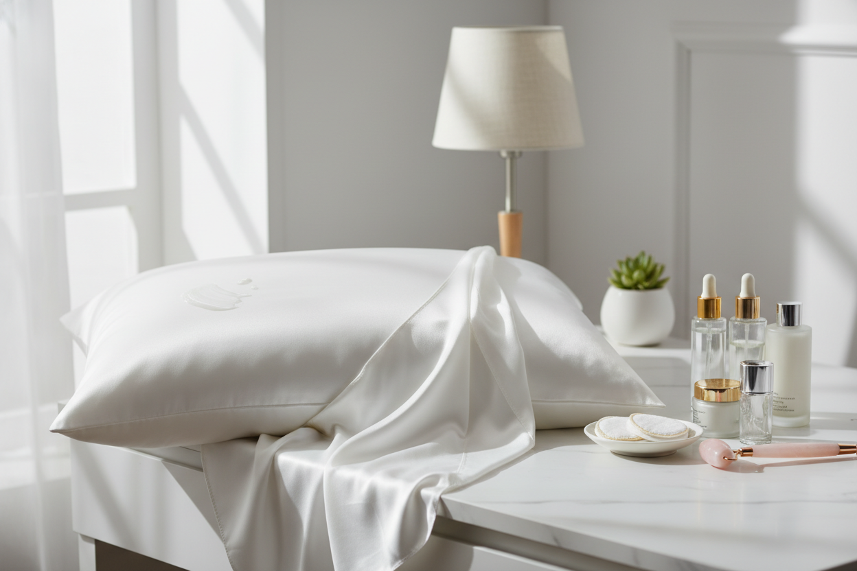 Silk pillowcase with faint night cream residue beside a vanity setup