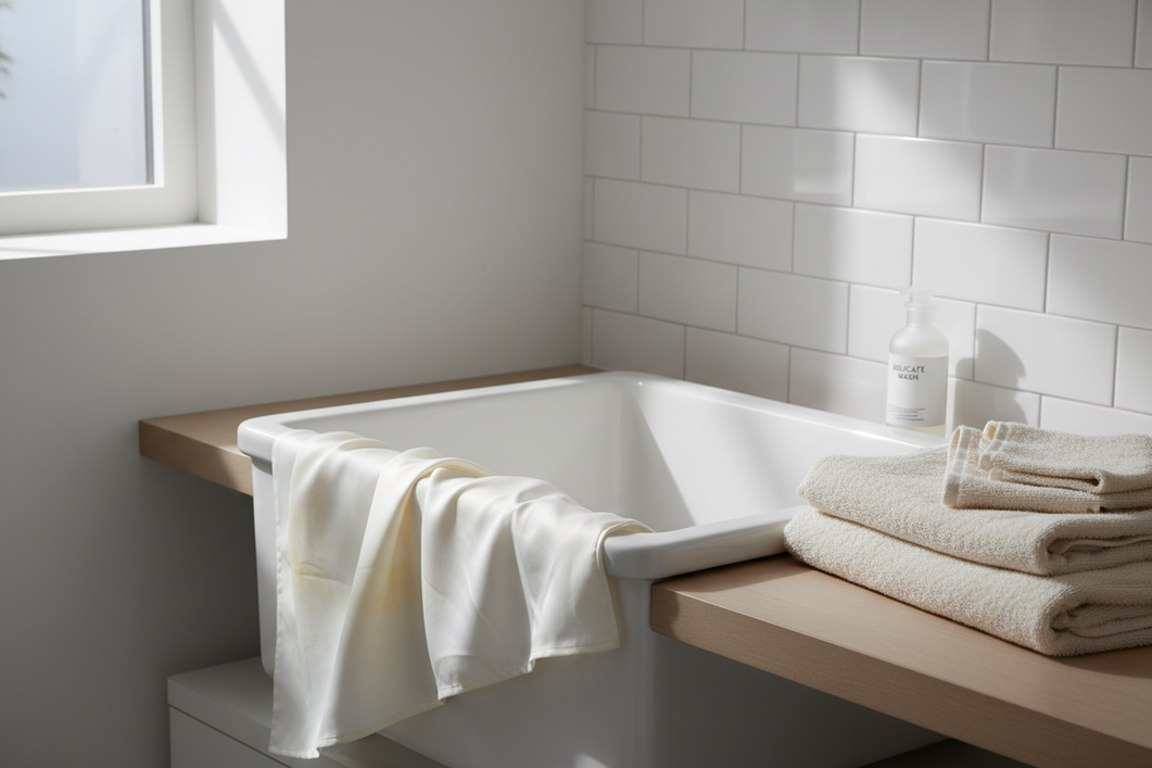 Silk pillowcase with a faint yellowish cast beside a gentle hand-wash basin in a bright home laundry setting