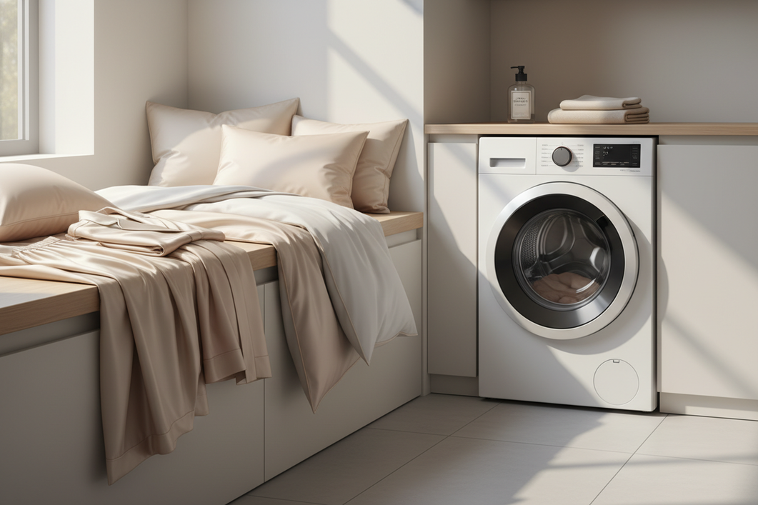 Silk bedding and sleepwear next to a modern washing machine panel showing temperature controls